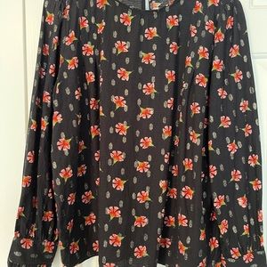 Black Loft top with pink flowers and gold glitter design